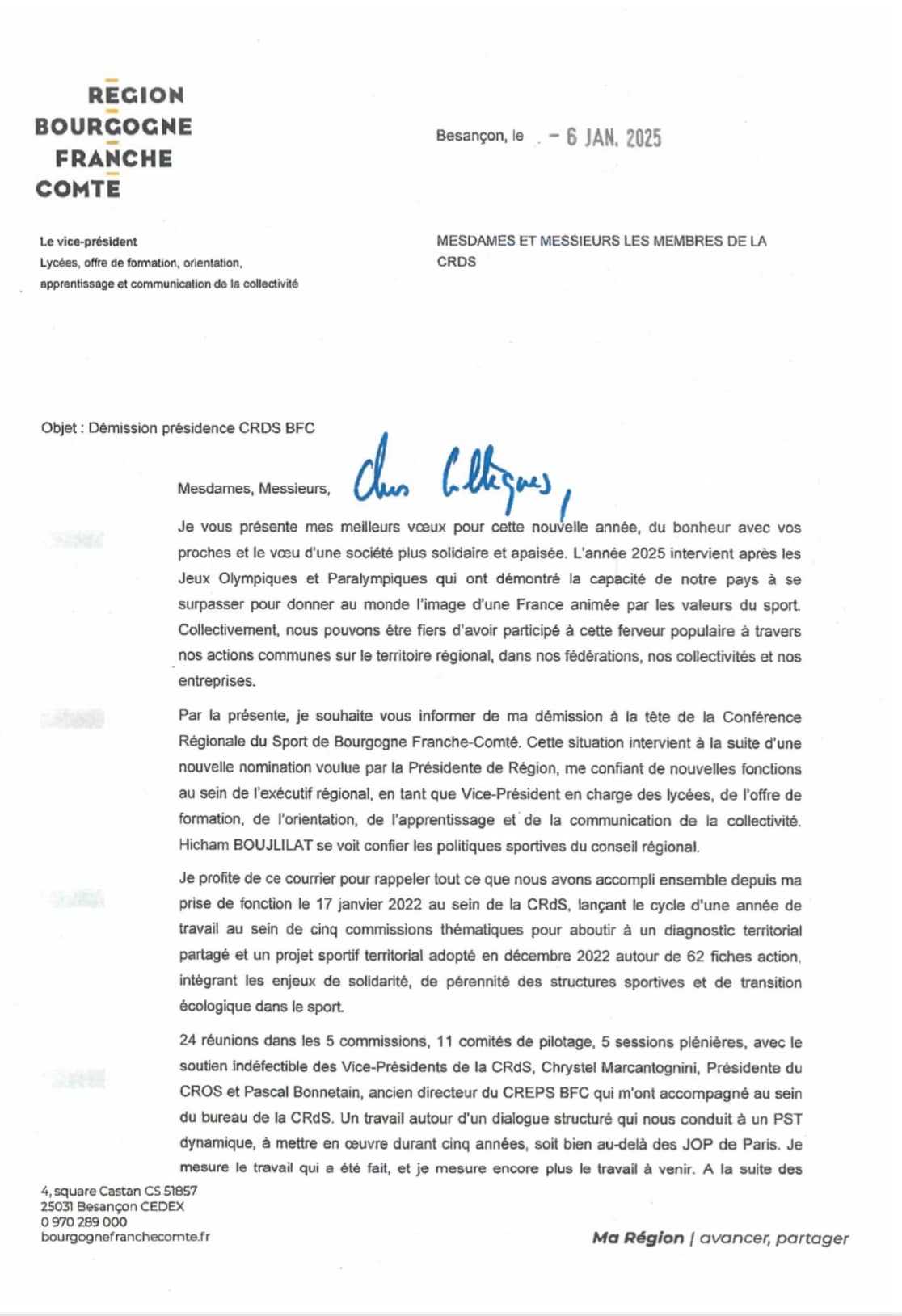 Après 4 années au service des politiques sportives en région Bourgogne Franche-Comté, je quitte mes fonctions de Président de la Conférence Régionale du Sport et d’administrateur de l’Agence Nationale du Sport.